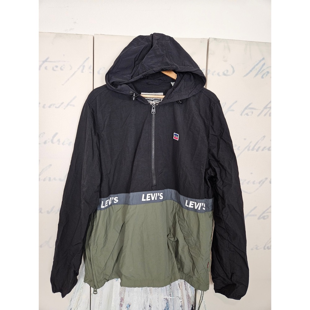 Levis Mens Colorblock Half Zip Anorak Windbreaker Jacket Black Green Large